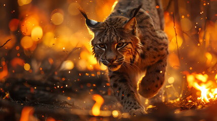 A wild lynx runs away from a burning forest against a background of orange and yellow flames.