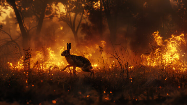 A frightened rabbit runs through a field of fire. The scene is dark and ominous, the silhouette of a hare against a background of bright orange flames.