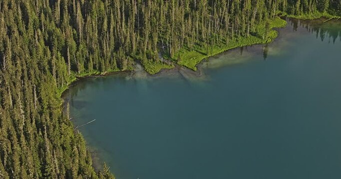 Lower Joffre Lake BC Canada Aerial v3 zoom birds eye view captures turquoise-blue lake, showcasing beauty of nature, pine forests and pristine water reflection - Shot with Mavic 3 Pro Cine - July 2023