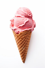 Strawberry ice cream in a waffle cone on white overhead view