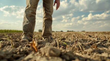 A farmer looking at barren fields and calculating the costs of lost crops as he grapples with the consequences of climate engineering strategies on his livelihood. . - obrazy, fototapety, plakaty