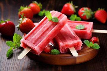 Strawberry popsicles on wooden plate with fresh berries