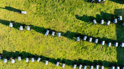From the sky, the orderly arrangement of Amish buggies casts long shadows on the grass, evoking a sense of community and tradition at day's end. during an Amish Wedding