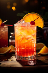 Tequila sunrise cocktail in a glass filled with ice garnished with a slice of orange and a cherry