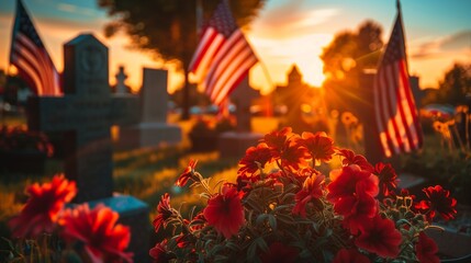 A cemetary where soldiers who died in the war are buried under the them of America's Memorial Day on May 27.Every grave has an American flag and colourful flowers are planted around the graves