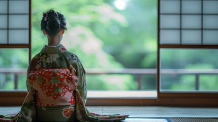 One person dd in a elegant kimono gazes out the window with a wistful expression lost in thought as the tea ceremony unfolds around . .
