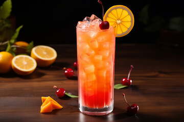 Tequila sunrise cocktail in a glass filled with ice garnished with a slice of orange and a cherry