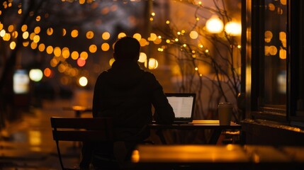 A lone figure sits at a hightop table back to the camera as they type away on a laptop. The warm glow of the cafe lights contrasts . .