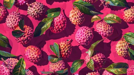 Digital Lychee Dreamscape A fantastical dreamscape unfolds in a digital collage, featuring exotic lychees against a deep magenta backdrop.