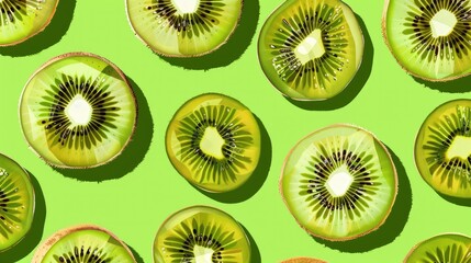 Fototapeta premium Striking pop art kiwi motif explodes rhythmically with ripe tangy allure over bright lime green ground in bold graphic display.