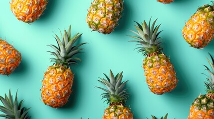 Fototapeta premium Succulent pineapple shapes form striking tropical pattern across turquoise field exhibited through clean minimalist artistry with bold graphic flair.