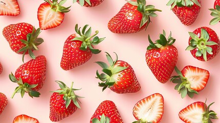 Vibrant ripe strawberry pattern pops across gentle pastel pink background radiating vintage nostalgic flair with luscious berry charm. - obrazy, fototapety, plakaty