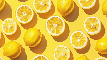 Vivacious cartoonish lemon motif explodes rhythmically in zesty tangy pattern radiating vibrant whimsy against bright yellow backdrop - obrazy, fototapety, plakaty