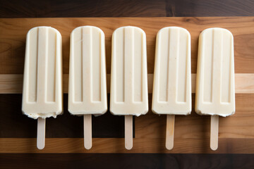 Delicious vanilla popsicles on a wooden table