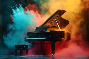 colorful abstract dust explosion behind elegant grand piano world music day banner - obrazy, fototapety, plakaty