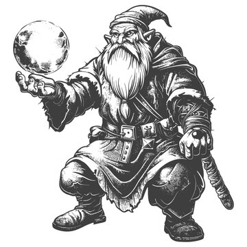 dwarf mage with magical orb full body images using Old engraving style body black color only