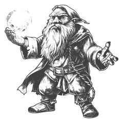 dwarf mage with magical orb full body images using Old engraving style body black color only