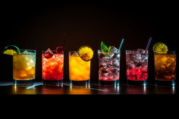Vibrant lineup of colorful cocktails on bar counter