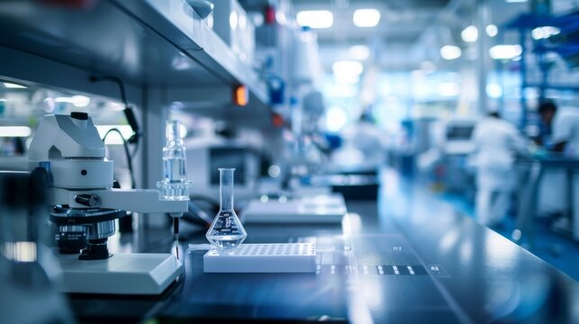 Blurred background of a hightech nanotechnology lab showcasing the teams focused expressions as they work with precision and tingedge technology. .