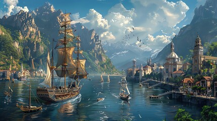 Visualize a bustling harbor where a majestic sailing ship sets course for uncharted waters - obrazy, fototapety, plakaty