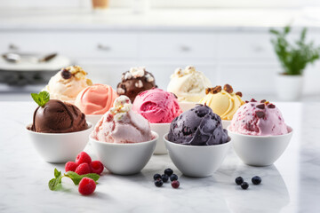 Variety of ice cream flavors in bowls on a countertop in white kitchen