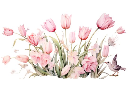Watercolor bouquet with tulips and birds isolated on white background