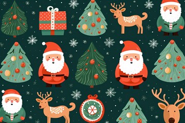 Seamless pattern with Santa Claus, deer and Christmas tree. Vector illustration.