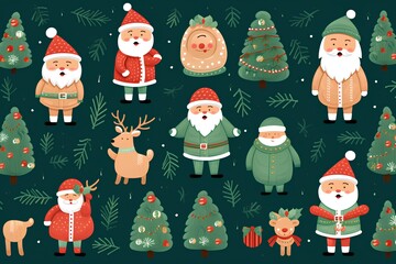 Seamless pattern with Santa Claus, reindeer, christmas tree and snowman. Vector illustration.