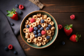 Whole wheat cereals on wooden table in a bowl served with fresh berries