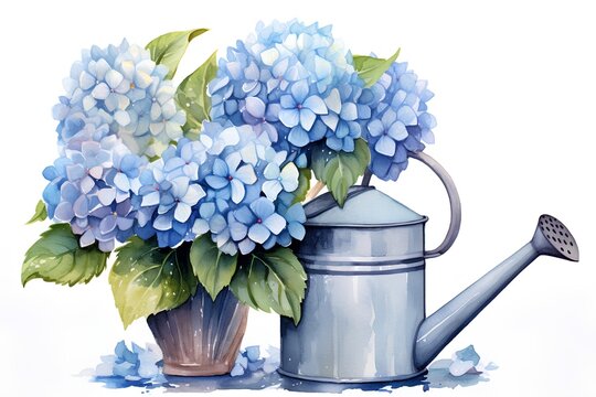 Watercolor hydrangea bouquet with watering can on white background