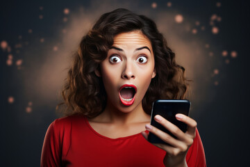 Brunette woman in a red jacket looking very surprised or shocked holding a cell phone