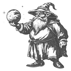 dwarf mage with magical orb full body images using Old engraving style body black color only