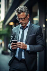 Confident businessman using smartphone in city