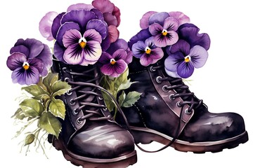 Watercolor drawing of a pair of boots with pansy flowers.