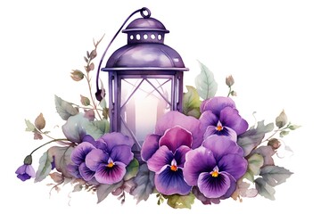 Beautiful vector image with nice watercolor purple flowers and vintage lantern