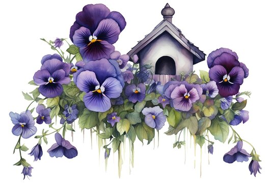 Beautiful vector image with nice watercolor birdhouse and pansy flowers