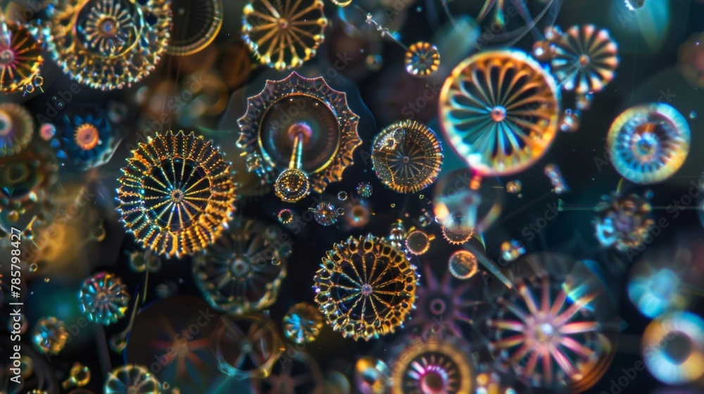 Aufkleber a of sparkling diatoms their geometric shapes creating a stunning display under the microscope.