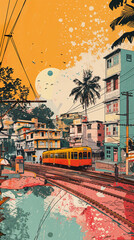 Portrait illustration using collage, of the city of Mumbai Bombay, India. People, trams, transport, grunge, overlapping, pastel color, sun, person, sky