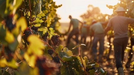 A group of winery workers tend to the rows of g vines their backs to the camera as they carefully pluck ripe gs and tend to the plants . .