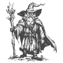 dwarf mage with magical staff full body images using Old engraving style body black color only