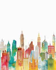 Fototapeta premium Mexico City skyline, watercolor painting, buildings, drips of paint, artistic, bright colors, Mexican, Central America, Travel