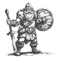 Fototapeta na wymiar dwarf warrior full body images using Old engraving style body black color only