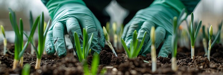 Close-up of a person in a medical glove tenderly fertilizing young narcissus sprouts in a garden, enhancing the soil with vital nutrients during spring - obrazy, fototapety, plakaty