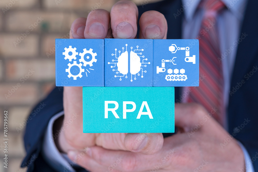 Poster business man holding blocks with icons sees abbreviation: rpa. rpa robotic process automation innova