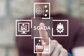 Operator using virtual touch screen presses text: SCADA. SCADA Supervisory Control And Data...