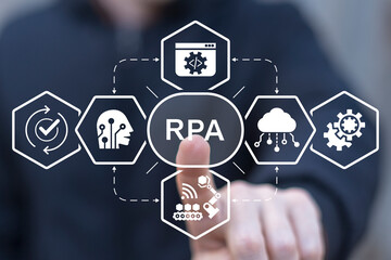 Man using virtual touch screen presses abbreviation: RPA. RPA Robotic Process Automation innovation...