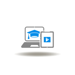 Vector illustration of laptop with graduation cap and tablet pc with play video button. Icon of EdTech. Symbol of e-learning.