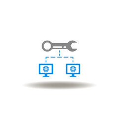 Vector illustration of wrench and network of computers with gears. Icon of FSM Field Service Management. Symbol of repair, fix, maintenance computer software service.
