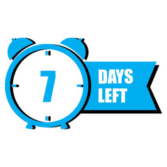 Blue countdown alarm clock showing 7 days left. Time-sensitive reminder for events. Vector illustration. EPS 10.