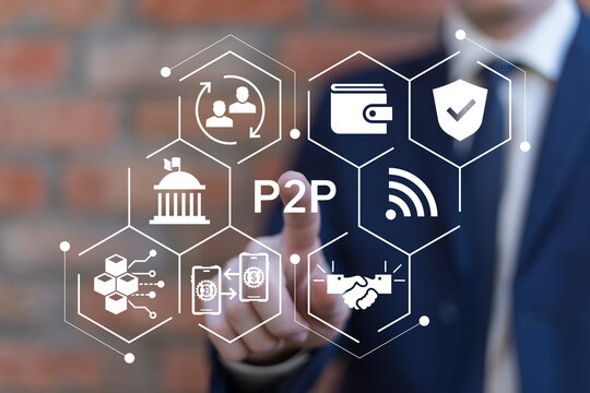 Business man using virtual touch screen presses abbreviation: P2P. Concept of P2P Peer to Peer payments. P2P cryptocurrency virtual transaction technology.